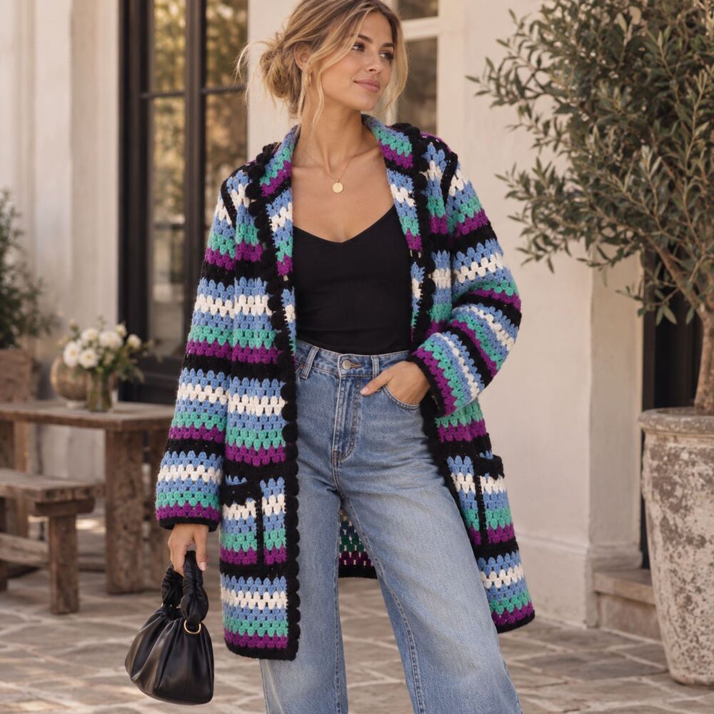Free the Roses Colorful Crochet Hooded Cardigan Size XS/S NWT